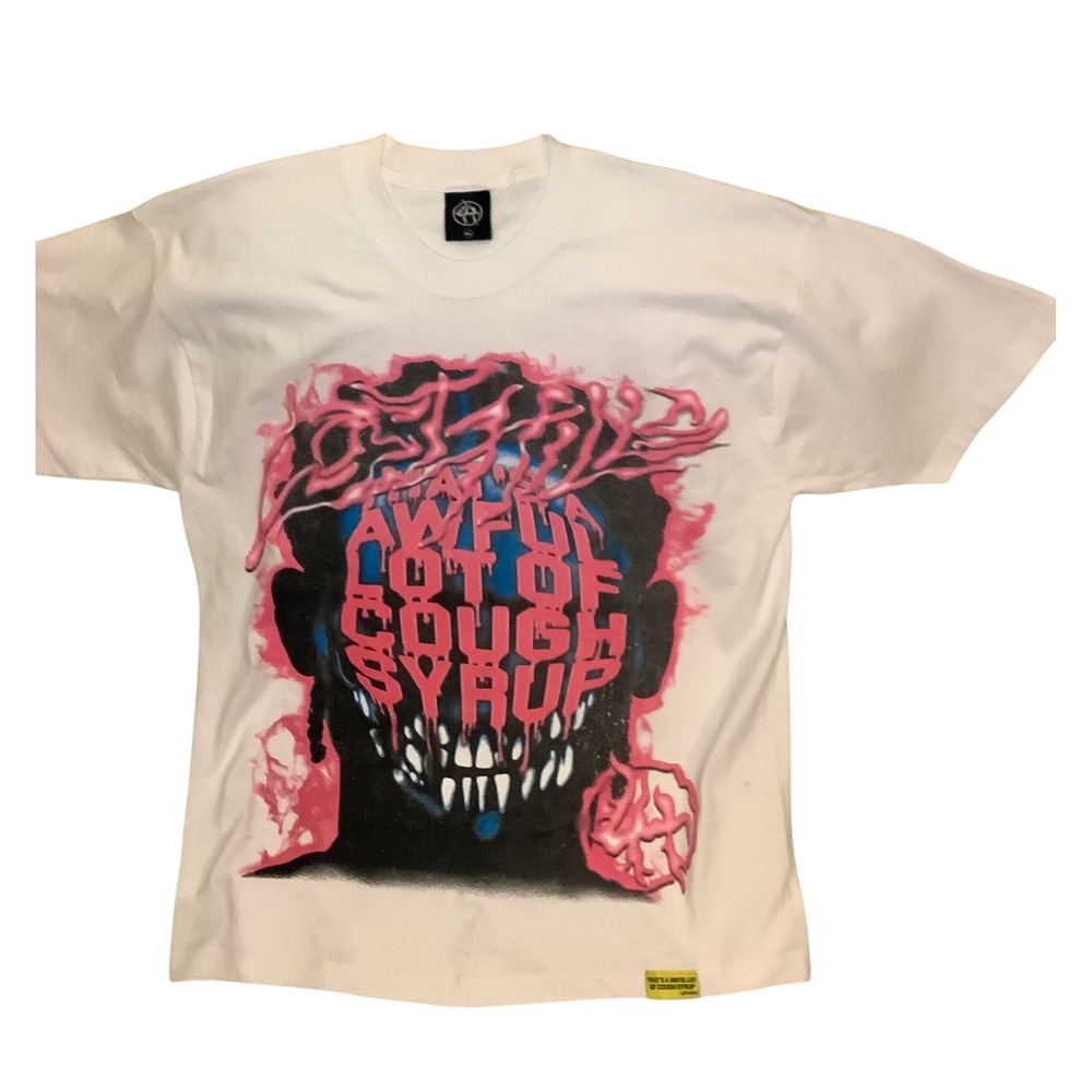 Thats A Awful Lot Of Cough Syrup Graphic T-Shirt White Pink Blue Mens Large